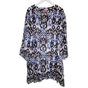 Tangibles Silk Tunic Top Blue Black Print Split Neck Sheer Art Long M